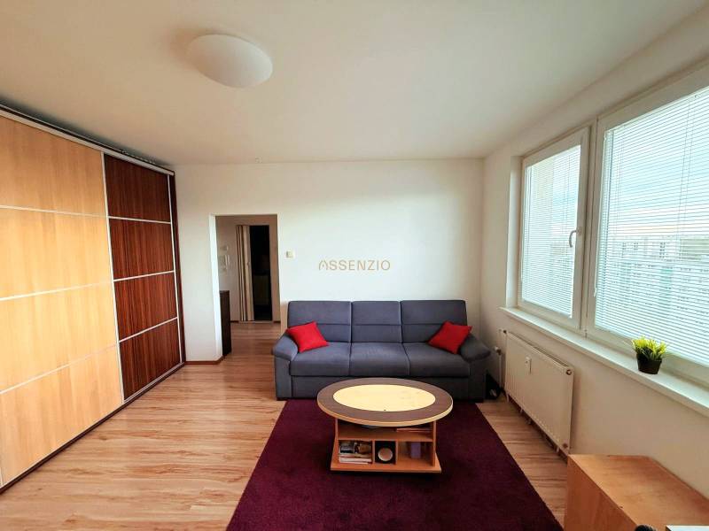 - PRENÁJOM - 1 IZBOVÝ BYT - TOPOĽČIANSKA UL. - PETRŽALKA - Obývačka v 1-izbovom byte s podlahou s dreveným dekorom a šatníkovou skriňou.