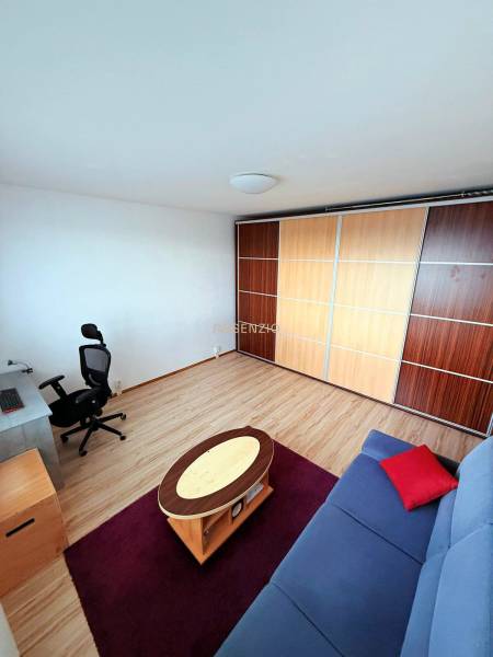 - PRENÁJOM - 1 IZBOVÝ BYT - TOPOĽČIANSKA UL. - PETRŽALKA - Obývacia izba v 1-izbovom byte s podlahou s dreveným dekorom, modrou sedačkou a pracovným stolom.