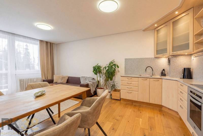Exkluzívny byt v srdci Vysokých Tatier na Štrbskom Plese - Interiér rekreačného apartmánu s pohovkou, kuchyňou a podlahou s dreveným dekorom.