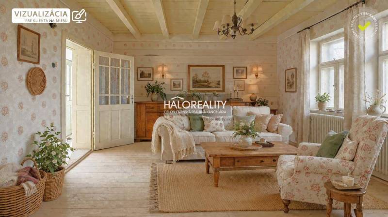 Predaj, rodinný dom - chalupa Čaka - EXKLUZÍVNE HALO... - Obývacia izba v rodinnom dome s podlahou s dreveným dekorom, útulný rustikálny interiér.