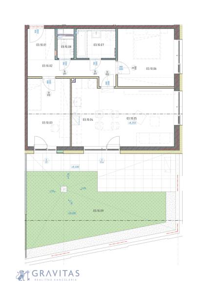 , 3-izbový byt s predzáhradkou, Brenner – Residence, Ružinov. - Pôdorys zobrazuje rozmiestnenie miestností v 3-izbovom byte s pridruženou záhradou.