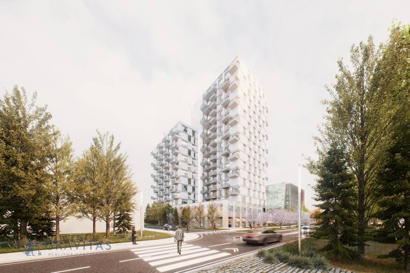 , 3-izbový byt s predzáhradkou, Brenner – Residence, Ružinov. - Výškové budovy s balkónmi a cestou v Bratislave - Ružinov na Mlynských nivách.