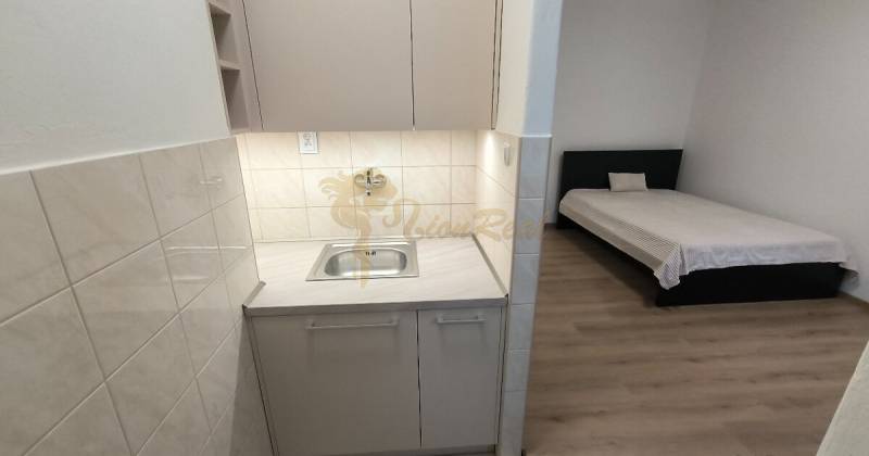 Garsónka, Herlianska ul., Ružinov pri Štrkovci - Kuchynská linka s drezom a posteľ v garsónke s podlahou s dreveným dekorom.