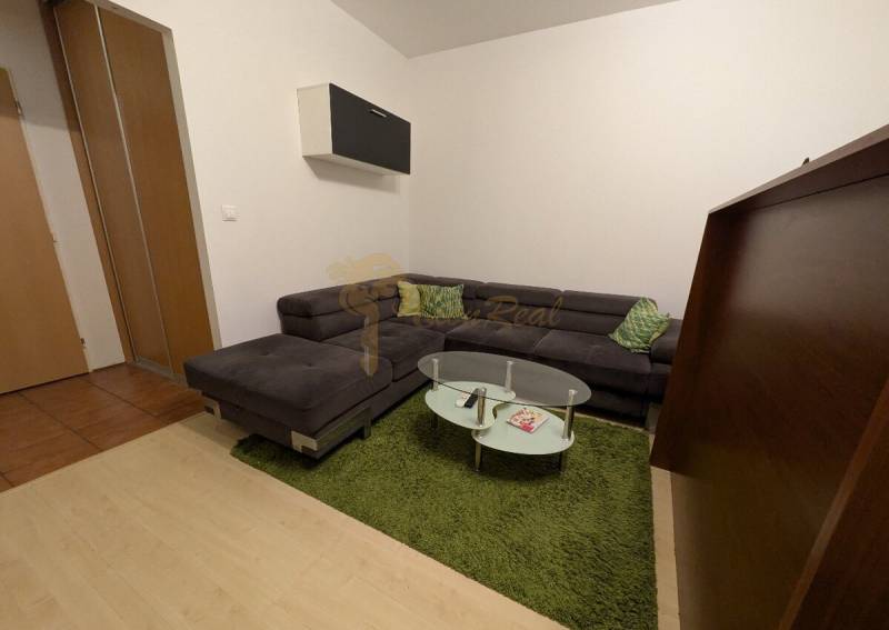 4-izb. byt na ul. Wolkrova, Petržalka, upravený na 2 bytové jednotky - Obývacia izba so sedačkou, skleneným stolíkom a podlahou s dreveným dekorom v 4-izbovom byte.