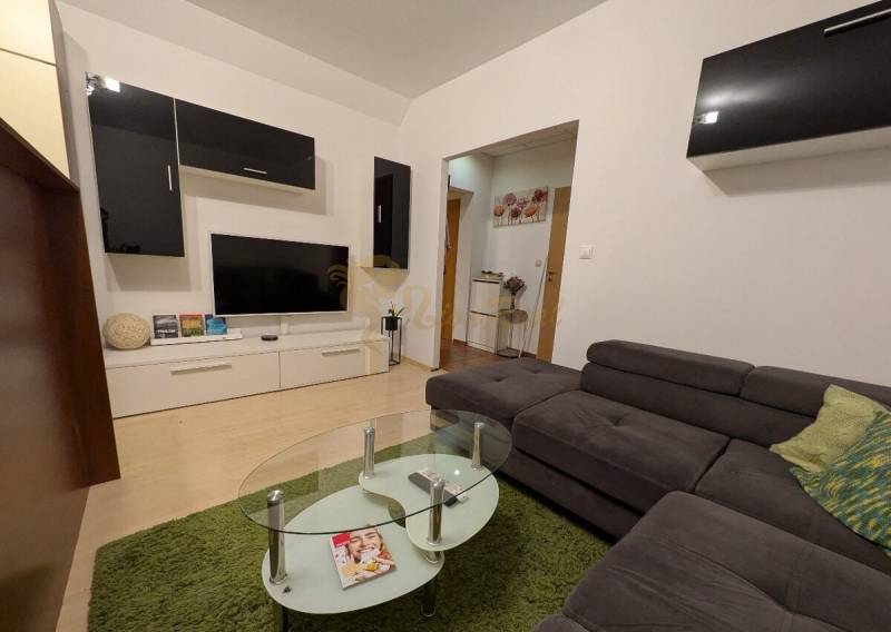 4-izb. byt na ul. Wolkrova, Petržalka, upravený na 2 bytové jednotky - Obývacia izba v 4-izbovom byte s tmavou sedačkou, televízorom a dekoratívnym kobercom.