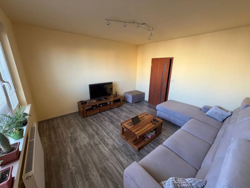 4-izb. byt, Wolkrova, Petržalka, 7.p./8 - Obývačka v 4-izbovom byte s pohovkou a podlahou s dreveným dekorom.