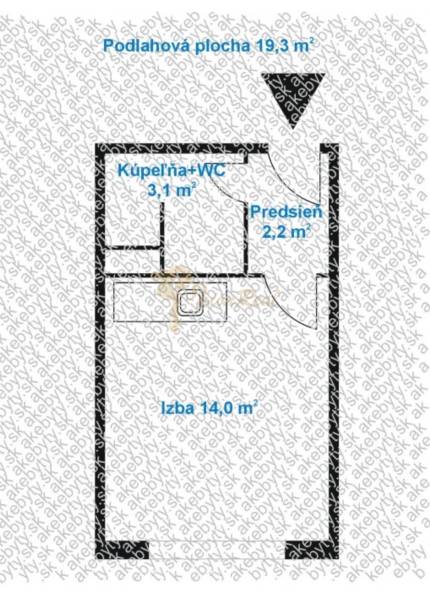 Garzónka, Jašíkova, Ružinov, pôvodný stav - Pôdorys garsónky s kúpeľňou, predsieňou a izbou na 14 m².