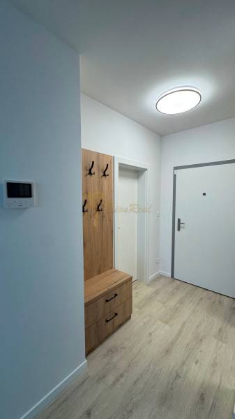 Novostavba 2,5-izb. bytu v NUPPU, garážové státie + vonkajšie státie - Vstupná chodba v 2-izbovom byte s podlahou s dreveným dekorom a vešiakovou stenou.