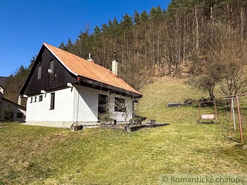 Chalupa - rodinný dom v krásnom prostredí – Moštenica, Banská Bystrica - Chata v Moštenici pri lese obklopená zeleňou s hojdačkou v záhrade.