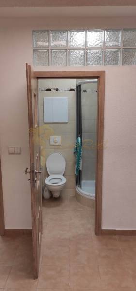 1-izb. byt, Krížná ul., Staré Mesto s veľkou lodžiou - Kúpeľňa v 1-izbovom byte s toaletou, sprchovým kútom a dlažbou.