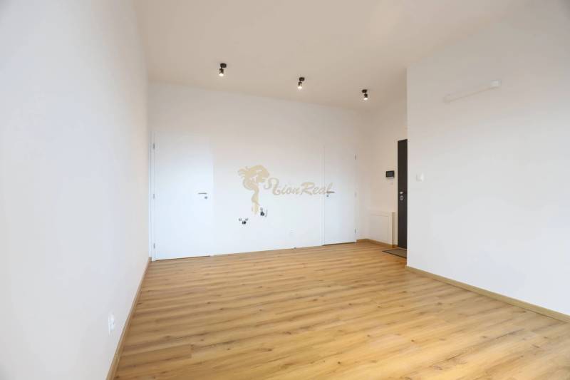 1-izb. byt v novostavbe v Ružinove, 4p./10 - Izba s bielymi stenami a podlahou s dreveným dekorom v 1-izbovom byte.