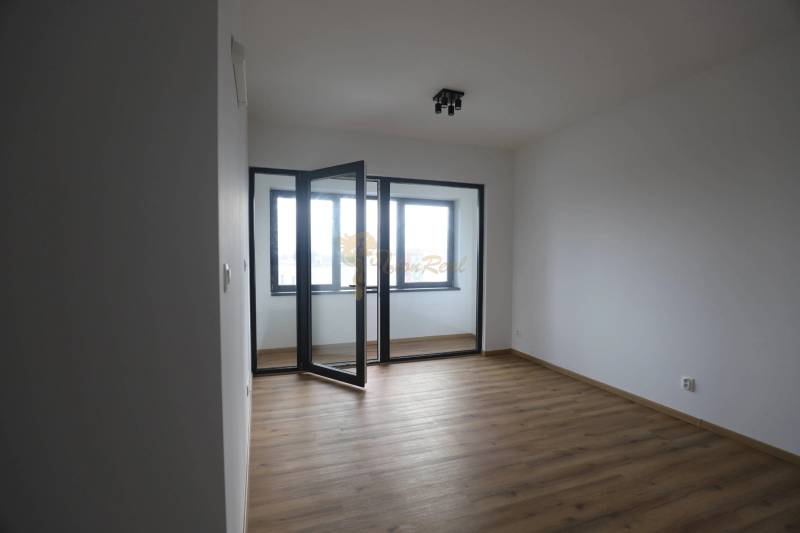 1-izb. byt v novostavbe v Ružinove, 4p./10 - Izba v 1-izbovom byte s podlahou s dreveným dekorom a presklenou stenou.