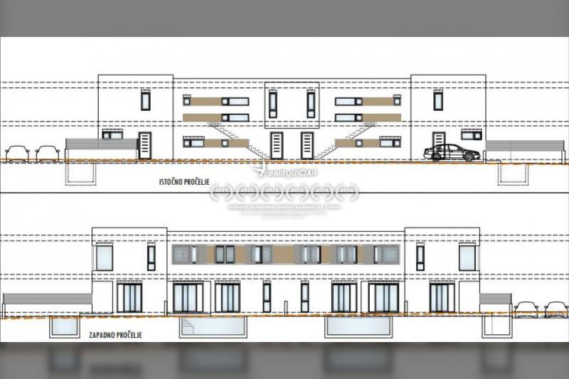 NIN - radový dom - Nákres architektúry dvojpodlažného rodinného domu s garážou a modernými prvkami fasády.