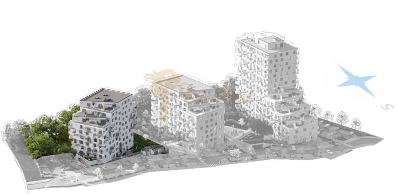 1-izb. byt v novostavbe Čerešne Living, Maríny Paulínyovej, Dúbravka - Vizualizácia komplexu bytových domov s bohatou zeleňou a parkovacími miestami v Bratislave-Dúbravke.