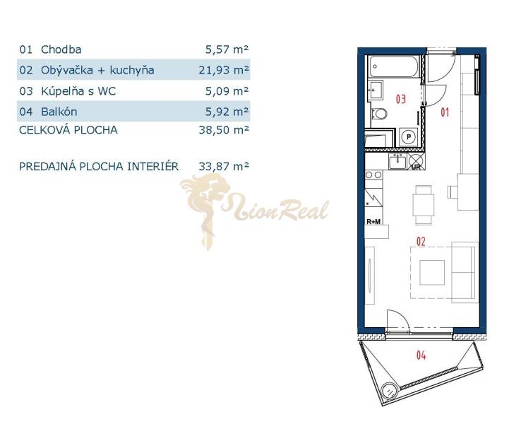 1-izb. byt v novostavbe Čerešne Living, Maríny Paulínyovej, Dúbravka - Pôdorys 1-izbového bytu s kuchyňou, balkónom a kúpeľňou. Celková plocha 38,50 m².