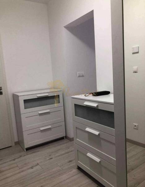 1,5 izb. byt s predzáhradkou, Podunajské Biskupice, projekt Oppidum - Biely nábytok vo vstupnej hale dvojizbového bytu s podlahou s dreveným dekorom.