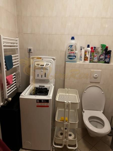 1-izb. byt, Tomášikova, Nové Mesto, Koloseo, lodžia - Malá kúpeľňa s práčkou a toaletou v 1-izbovom byte. Prítomné sú čistiace prostriedky.