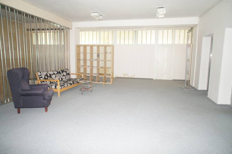 Kancelárie, Drieňová ul., Ružinov 25 m2 - Kancelárie s kreslom, pohovkou a poličkami, Bratislava - Ružinov, Drieňová, zatiahnuté žalúzie.