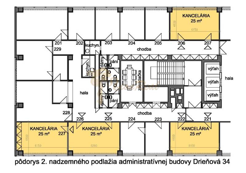 Kancelárie, Drieňová ul., Ružinov 25 m2 - Pôdorys administratívnej budovy na Drieňovej v Bratislave - Ružinov s kanceláriami.