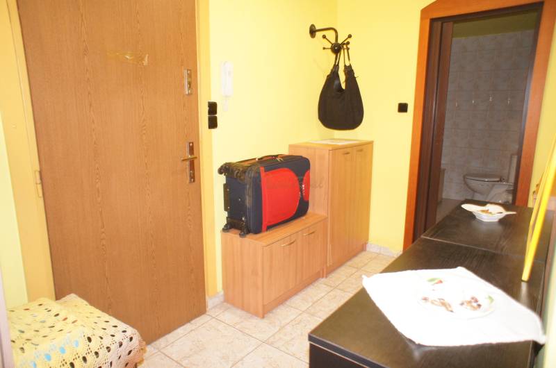 Veľký 1-izb. byt v tehlovom dome, Miletičova ul., Ružinov  - Vstupná chodba v 1-izbovom byte s vešiakom, skrinkami a kufrom na podlahe.