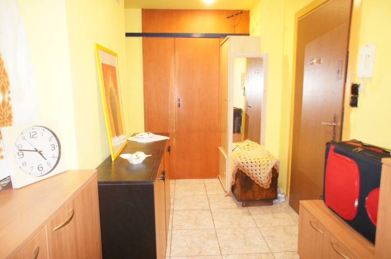 Veľký 1-izb. byt v tehlovom dome, Miletičova ul., Ružinov  - Vstupná chodba v 1-izbovom byte s hodinami, skriňami a dekoráciami.