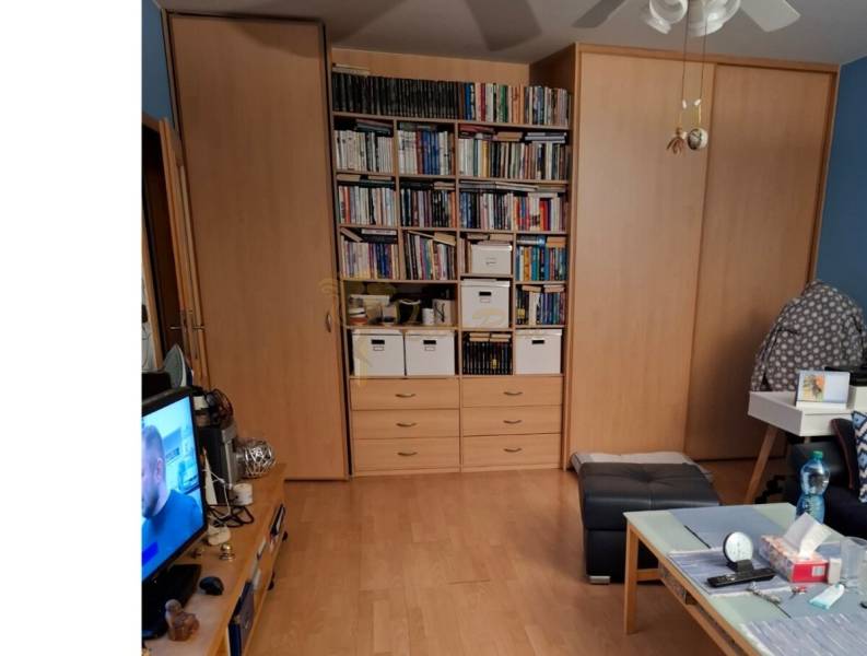 Dvojgarzónka DELUXE, začiatok Petržalky - Obývacia izba v 2-izbovom byte s policami na knihy a podlahou s dreveným dekorom.