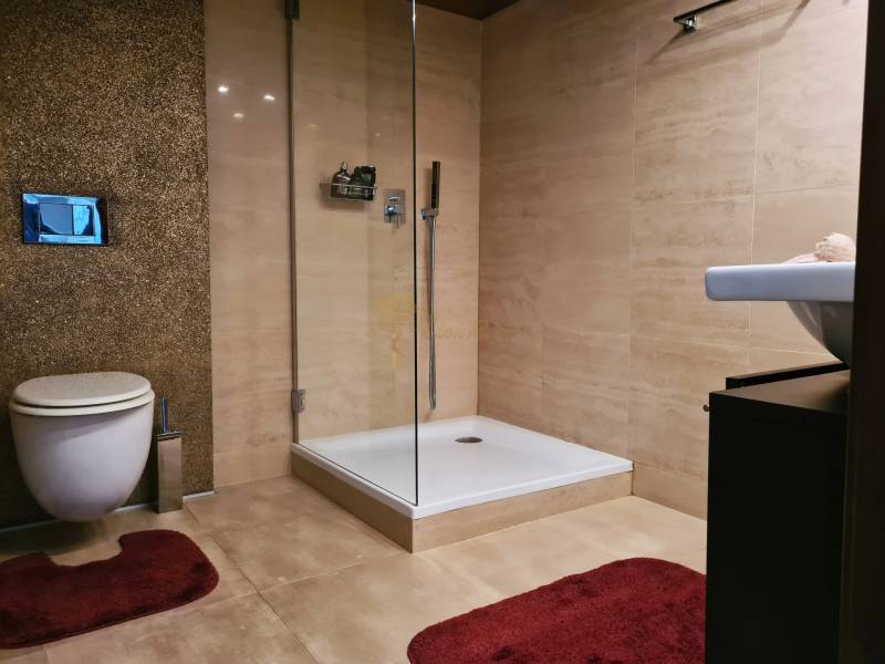 5-izb. dvojpodlažný rodinný dom, Rovinka - Kúpeľňa v rodinnom dome s toaletou, sprchou a červenými kobercami.