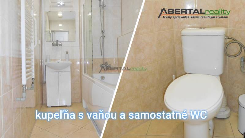 Predaj - štýlový 1,5i byt  v srdci Starého Mesta - Marianska, BA - Kúpeľňa s vaňou, umývadlom a samostatné WC v 2-izbovom byte.