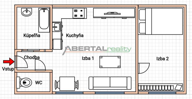 Predaj - štýlový 1,5i byt  v srdci Starého Mesta - Marianska, BA - Pôdorys 2-izbového bytu s kuchyňou, kúpeľňou a WC.