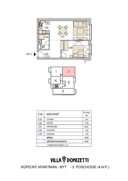 **SKVELÁ INVESTÍCIA**REZIDENCIA OPERA**KÚPELE TURČIANSKE TEPLICE** - Pôdorys 2-izbového bytu s chodbou, spálňou, obývacou izbou a kúpeľňou. Užitková plocha je 47,27 m².