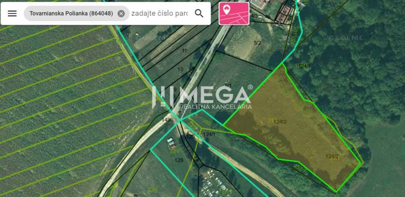 ZNÍŽENIE CENY-PREDAJ VEĽKÉHO POZEMKU (7.048 m2) v  obci Tovarnianska P - Katastrálna mapa v oblasti Tovarnianskej Polianky, zameraná na Pozemky - bývanie.