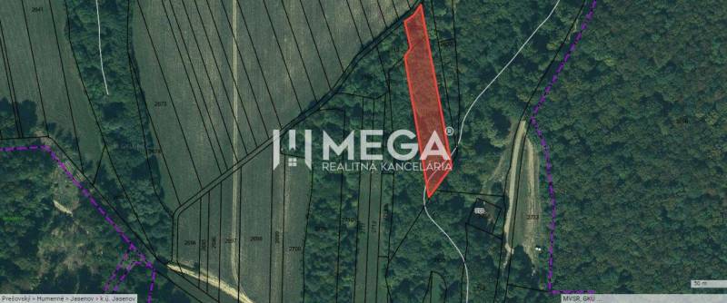 Predaj investičného pozemku v obci Jasenov - Letecký pohľad na Zvláštne nehnuteľnosti v Jasenove, s vyznačeným pozemkom v červenom poli.
