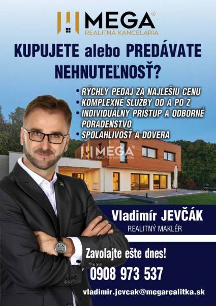 NA PREDAJ  Zabehnutá prevádzka v obci Kamenica nad Cirochou - Reklamný plagát realitnej kancelárie so službami, kontaktmi a fotografiou makléra.