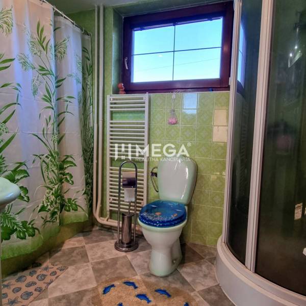 SKVELÁ CENA - výnimočný  rodinný dom, Kamenica nad Cirochou - Kúpeľňa v rodinnom dome s toaletou, sprchou a zelenou dlažbou.