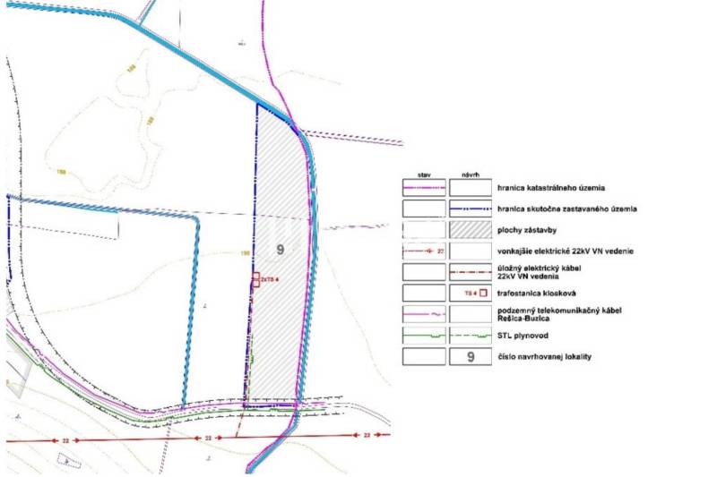 NA PREDAJ: Investičný pozemok 85 291 m² – Rešica, Košice-okolie - Mapa znázorňuje plochy zástavby a inžinierske siete v lokalite Rešica.