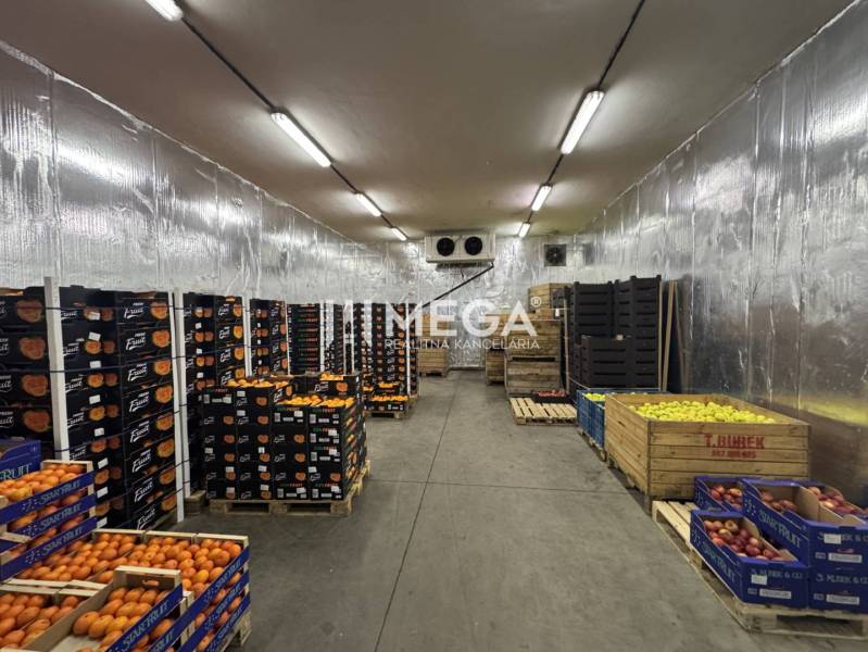 NA PREDAJ: OBJEKT VHODNÝ NA PODNIKANIE-SKLADOVANIE A SLUŽBY - Sklady a haly plné ovocia v prepravkách s osvetlením na strope.