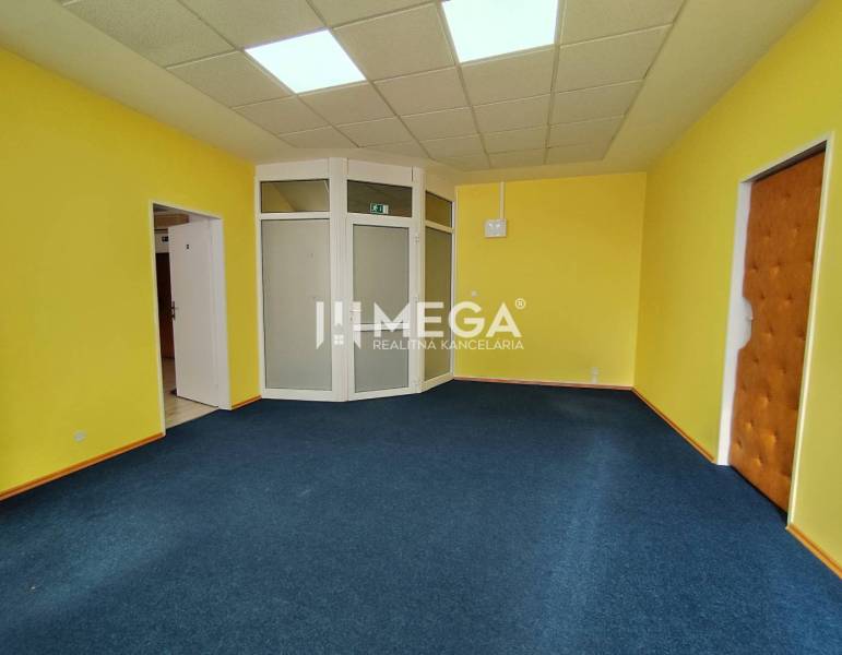 NA PRENÁJOM - kancelárske priestory v cente mesta Michalovce - Žlté steny, modrý koberec v kancelárii, predeľovacie sklo, dve dvere.