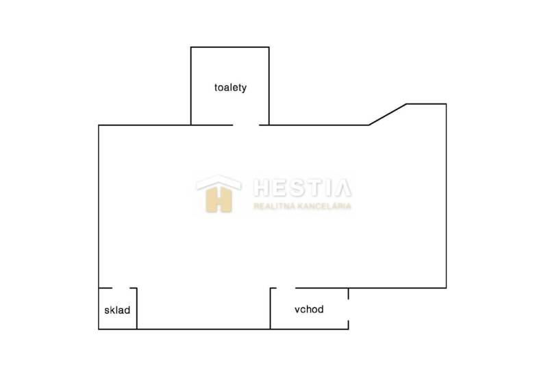 Veľký komerčný priestor 292 m2 priamo v centre mesta - Pôdorys zobrazuje obchodné priestory s toaletami, skladom a hlavným vchodom.