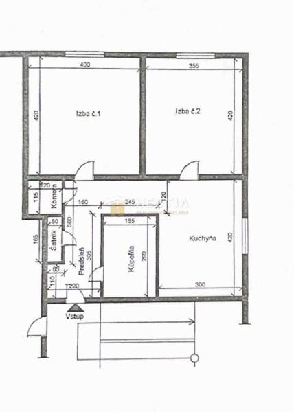 ZNÍŽENÁ CENA Veľký 2-izbový investičný byt Senica - 73,54 m² - Pôdorys 2-izbového bytu s miestnosťami: kuchyňa, kúpeľňa, predsieň, izby č.1 a č.2.