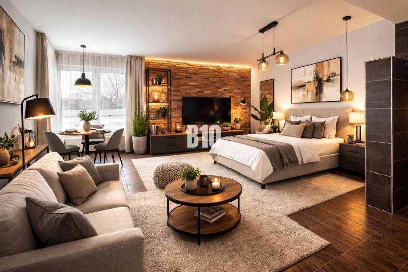 PRIESTRANNÝ Apartmán v CENTRE s výnimočným výhľadom - Štýlový obývačkový priestor v 1-izbovom byte s tehlovou stenou a dekoráciami.