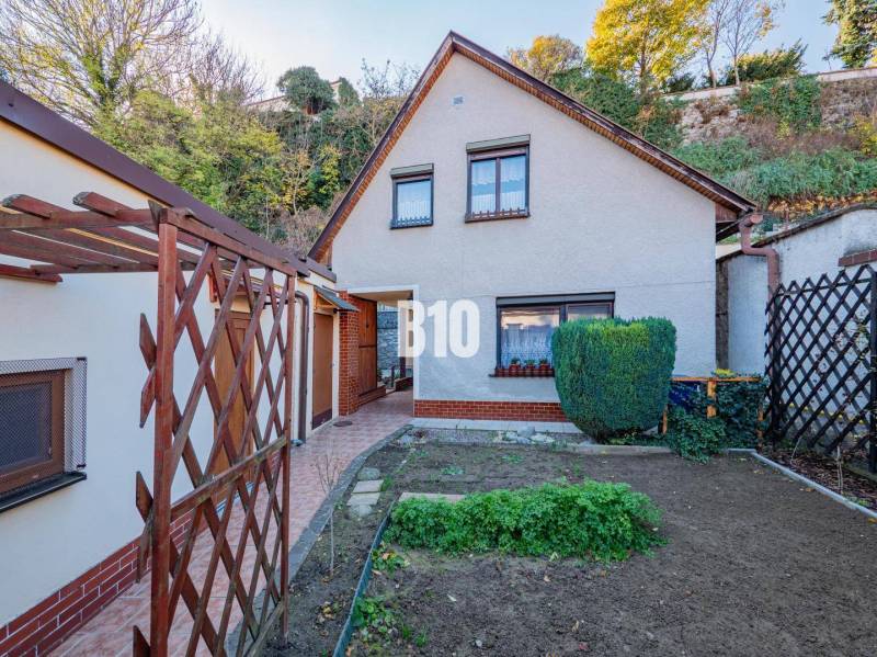 POD HRADOM bývanie alebo podnikanie - Rodinný dom v Nitre so záhradou, terasou a okrasnými kríkmi na svahu.