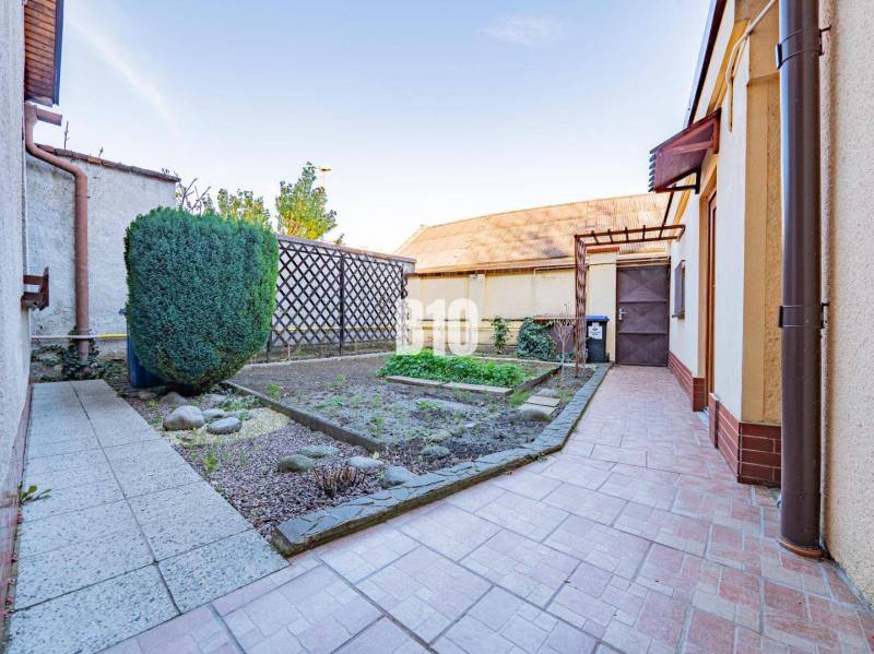 POD HRADOM bývanie alebo podnikanie - Záhrada rodinného domu v Nitre s vydláždeným chodníkom a udržiavaným kríkom.