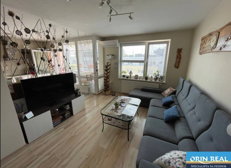 PREDAJ PRIESTRANNÉHO 3 IZB. BYTU NA MUŠKÁTE S GARÁŽOVÝM STÁTIM - Obývacia izba s podlahou s dreveným dekorom, šedou sedačkou a televízorom v 3-izbovom byte.