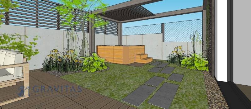 NA PREDAJ 5i rekreačný RD | Pekná cesta | Lesopark Rača  - Terasa rodinného domu s prístreškom, rastlinami a podlahou s dreveným dekorom.