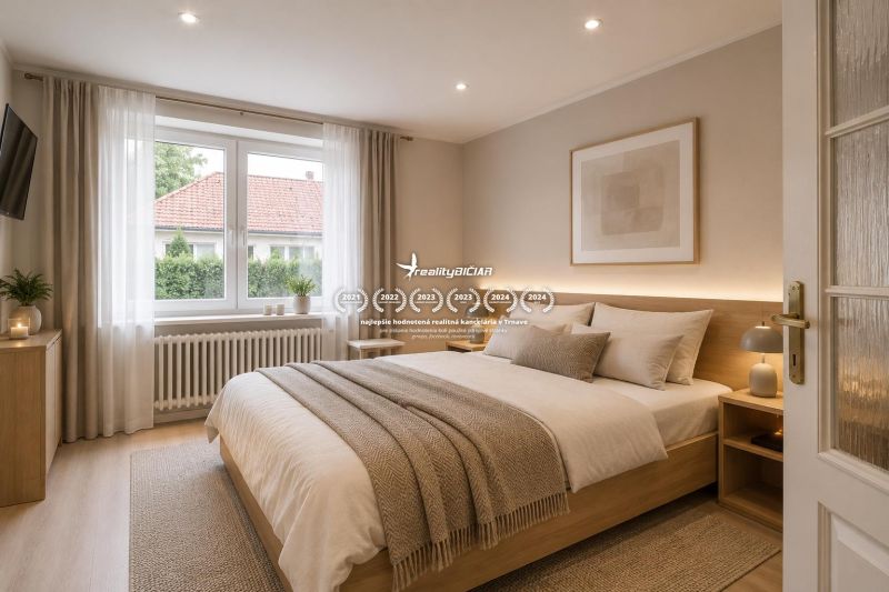 NOVÁ CENA - 5-izbový rodinný dom, dve garáže a krásny pozemok Špačince - Spálňa v rodinnom dome s dekormi z dreva, s veľkým oknom a elegantnými závesmi.