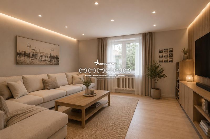 NOVÁ CENA - 5-izbový rodinný dom, dve garáže a krásny pozemok Špačince - Obývacia izba v Rodinnom dome s béžovou sedačkou a podlahou s dreveným dekorom.