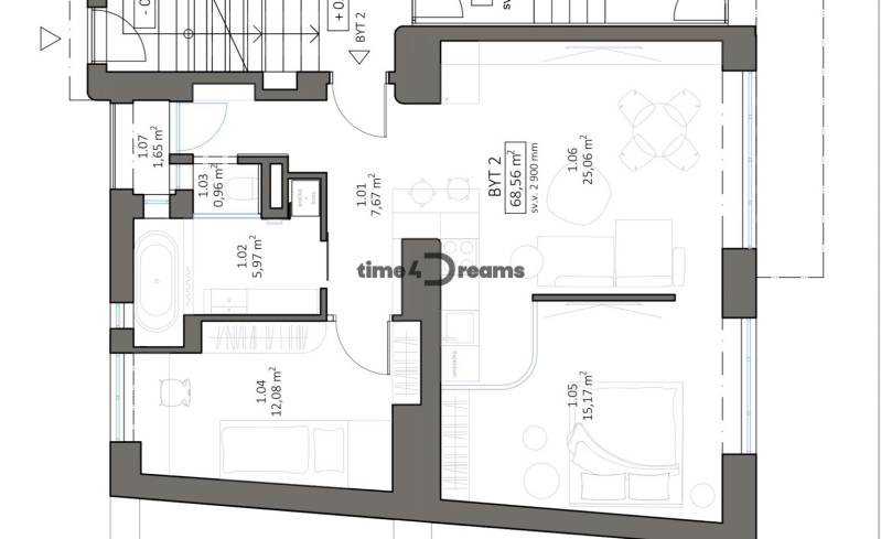 NA PREDAJ štýlový byt v centre Nitry  - Pôdorys 3-izbového bytu s označením plôch jednotlivých miestností.