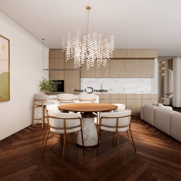 NA PREDAJ  5 izbový Mezonet v centre Nitry - Jedálenský kút so stoličkami a lustrom, podlaha s dreveným dekorom v 5 a viac izbovom byte.