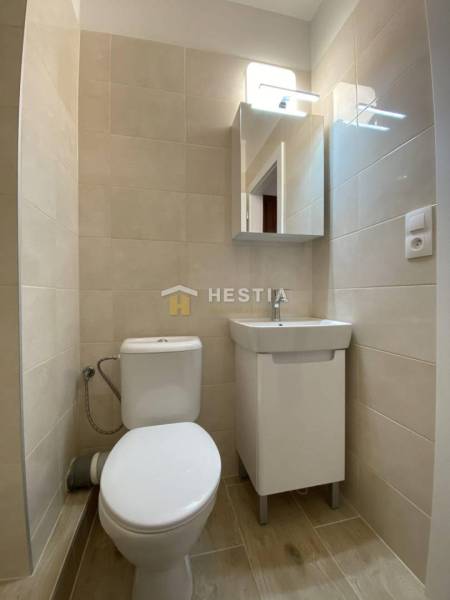 NA PRENÁJOM zrekonštruovaný 1-IZB.BYT, Štefánikova ul., Senica - Kúpeľňa v 1-izbovom byte s toaletou, umývadlom a zrkadlom. Podlaha s dreveným dekorom.