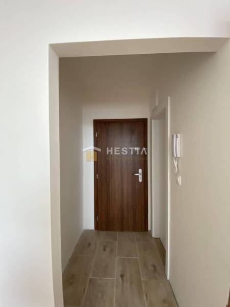 NA PRENÁJOM zrekonštruovaný 1-IZB.BYT, Štefánikova ul., Senica - Vstupná chodba v 1-izbovom byte s podlahou s dreveným dekorom a tmavými dverami.